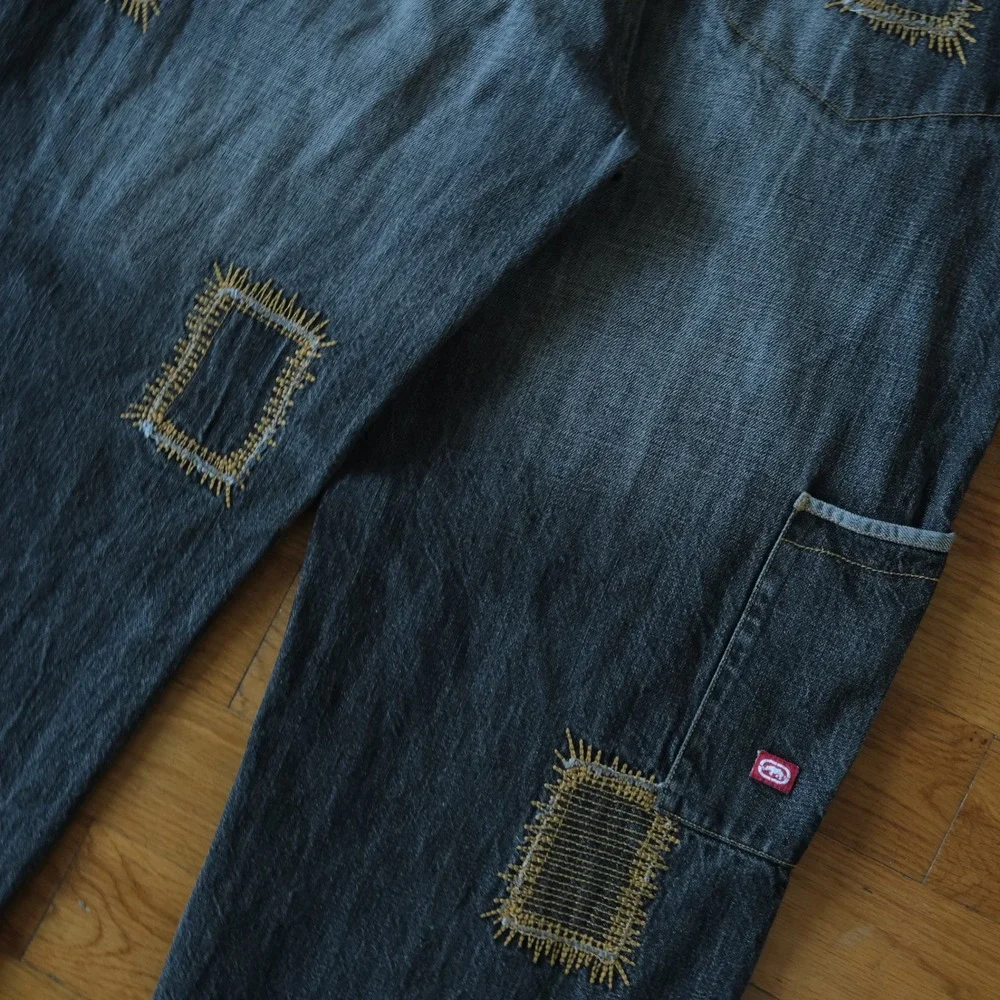 Ecko Unltd Jeans Mens 36 Black Patchwork Side-Out Y2K Streetwear Baggy Denim